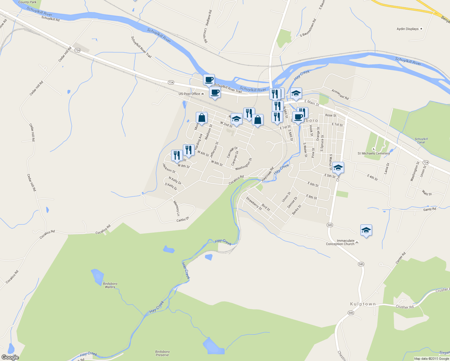 map of restaurants, bars, coffee shops, grocery stores, and more near 802 Liberty Place in Birdsboro