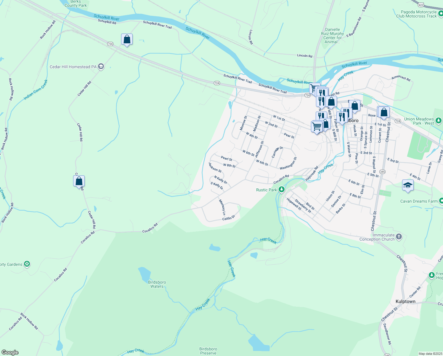 map of restaurants, bars, coffee shops, grocery stores, and more near 110 North Kelly Drive in Birdsboro