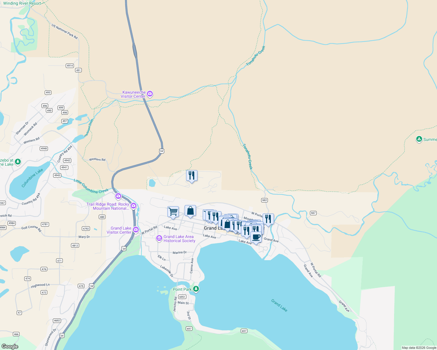 map of restaurants, bars, coffee shops, grocery stores, and more near 530890 Old Tonahutu Ridge Road in Grand Lake