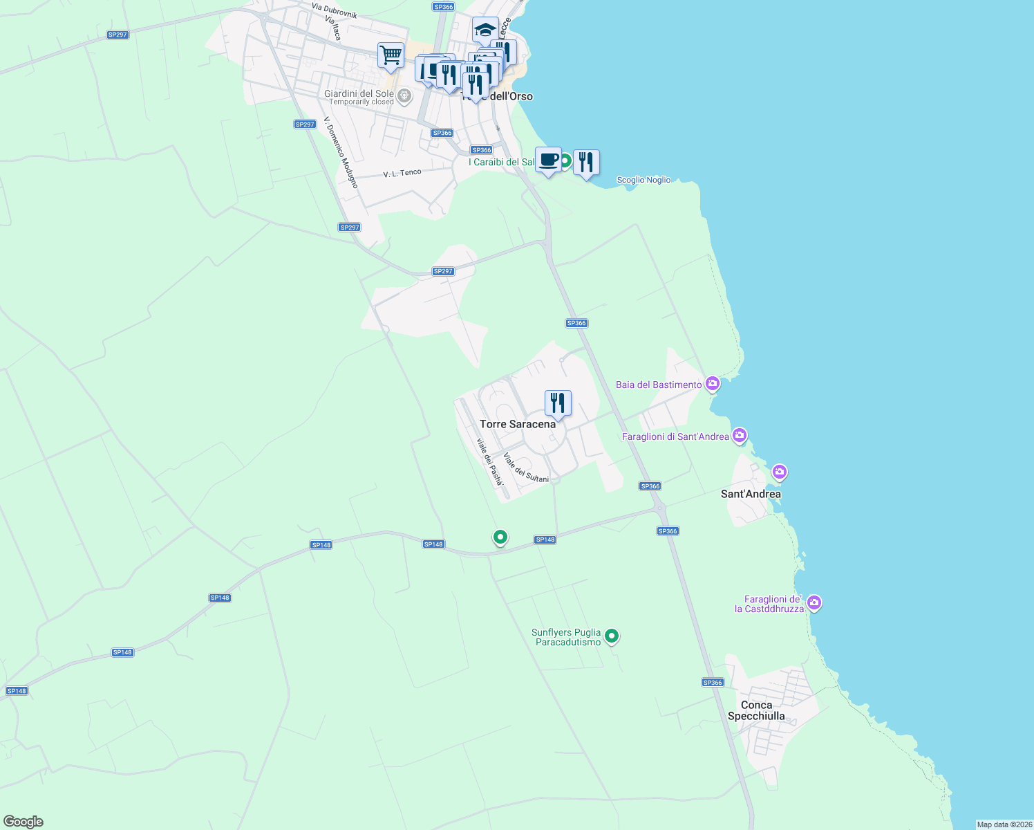 map of restaurants, bars, coffee shops, grocery stores, and more near 24-36 Viale delle Piramidi in Torre Saracena