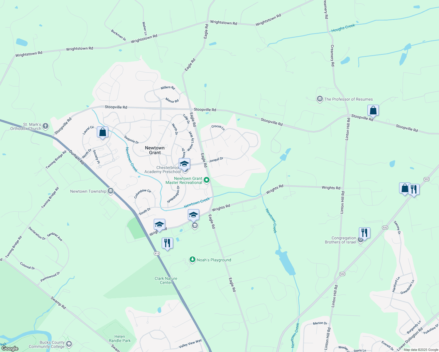 map of restaurants, bars, coffee shops, grocery stores, and more near 5 Amy Cir in Newtown