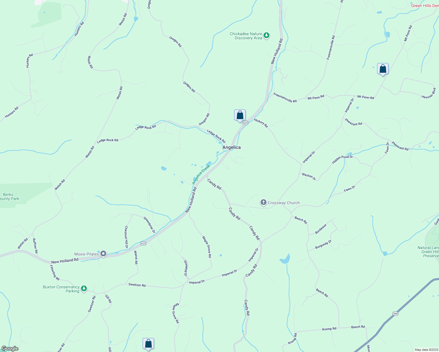 map of restaurants, bars, coffee shops, grocery stores, and more near 30 Candy Road in Mohnton