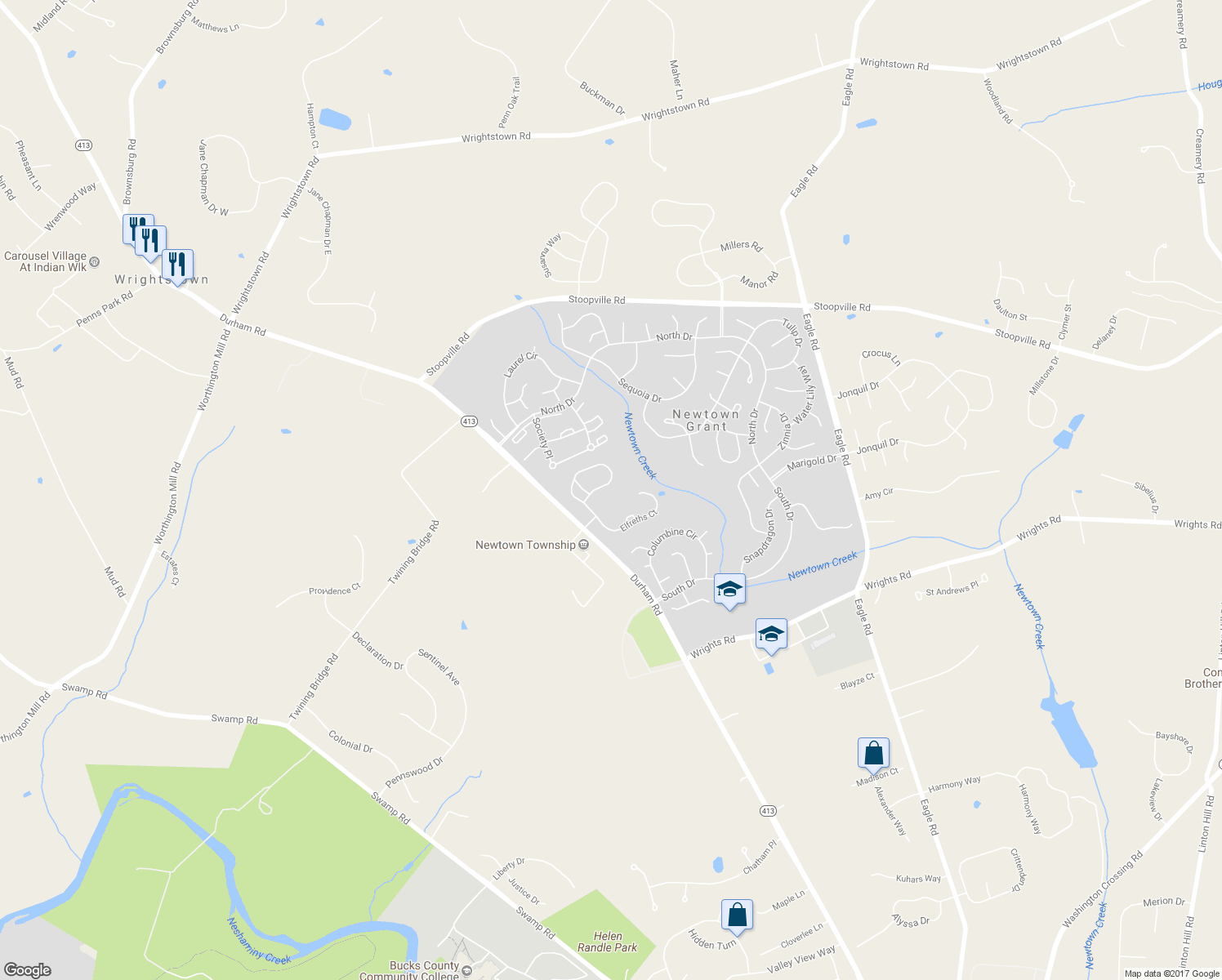 map of restaurants, bars, coffee shops, grocery stores, and more near 95 Rittenhouse Circle in Newtown