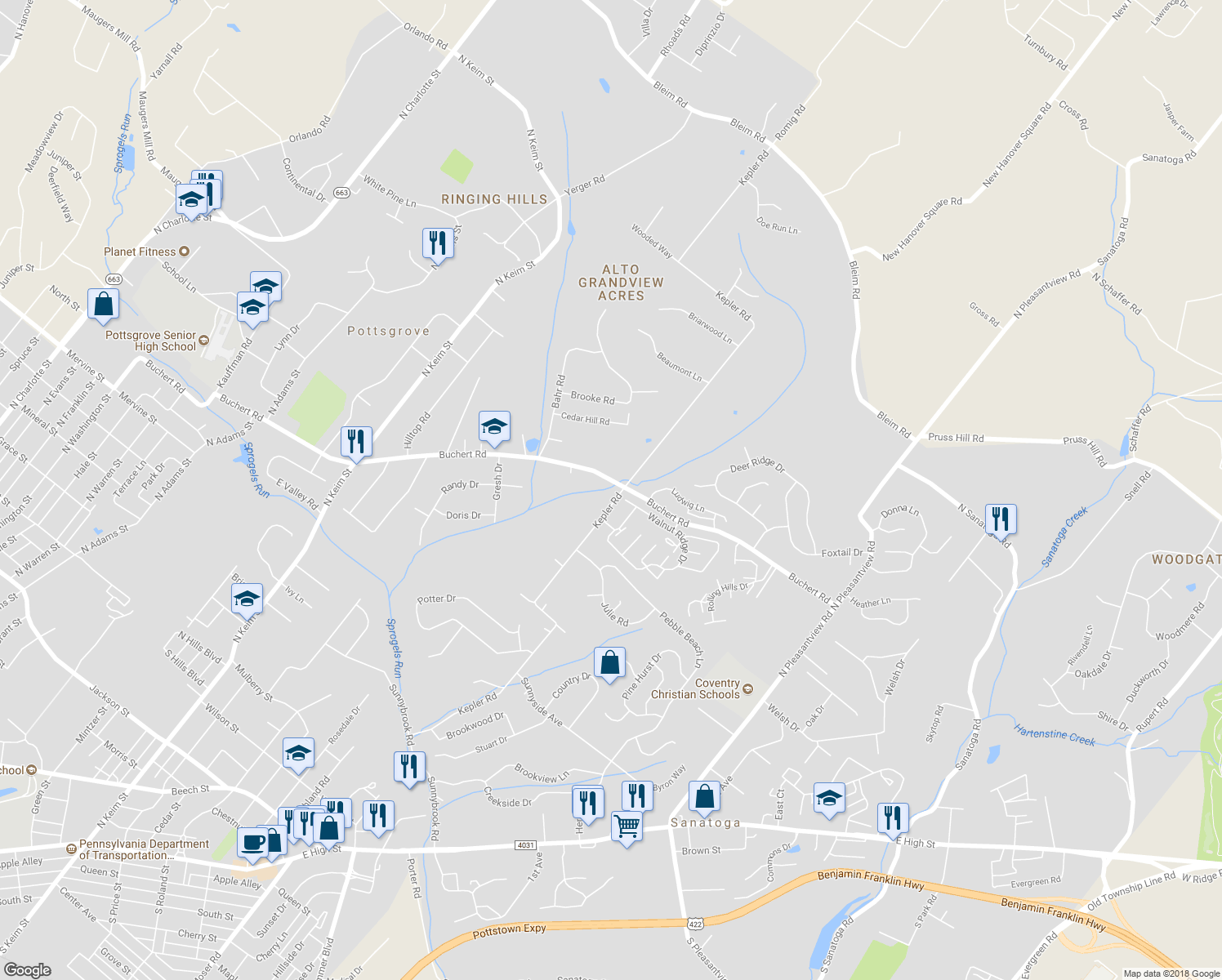 map of restaurants, bars, coffee shops, grocery stores, and more near 1197 Kepler Road in Pottstown