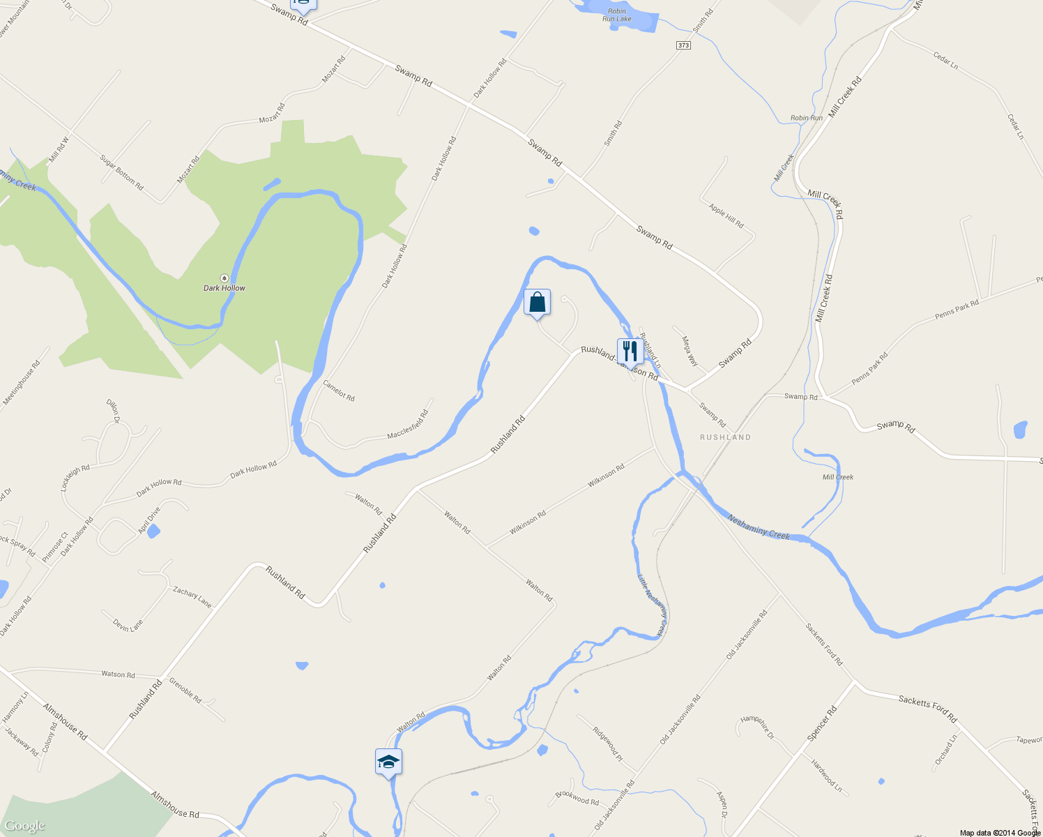 map of restaurants, bars, coffee shops, grocery stores, and more near 3135 Rushland Road in Jamison