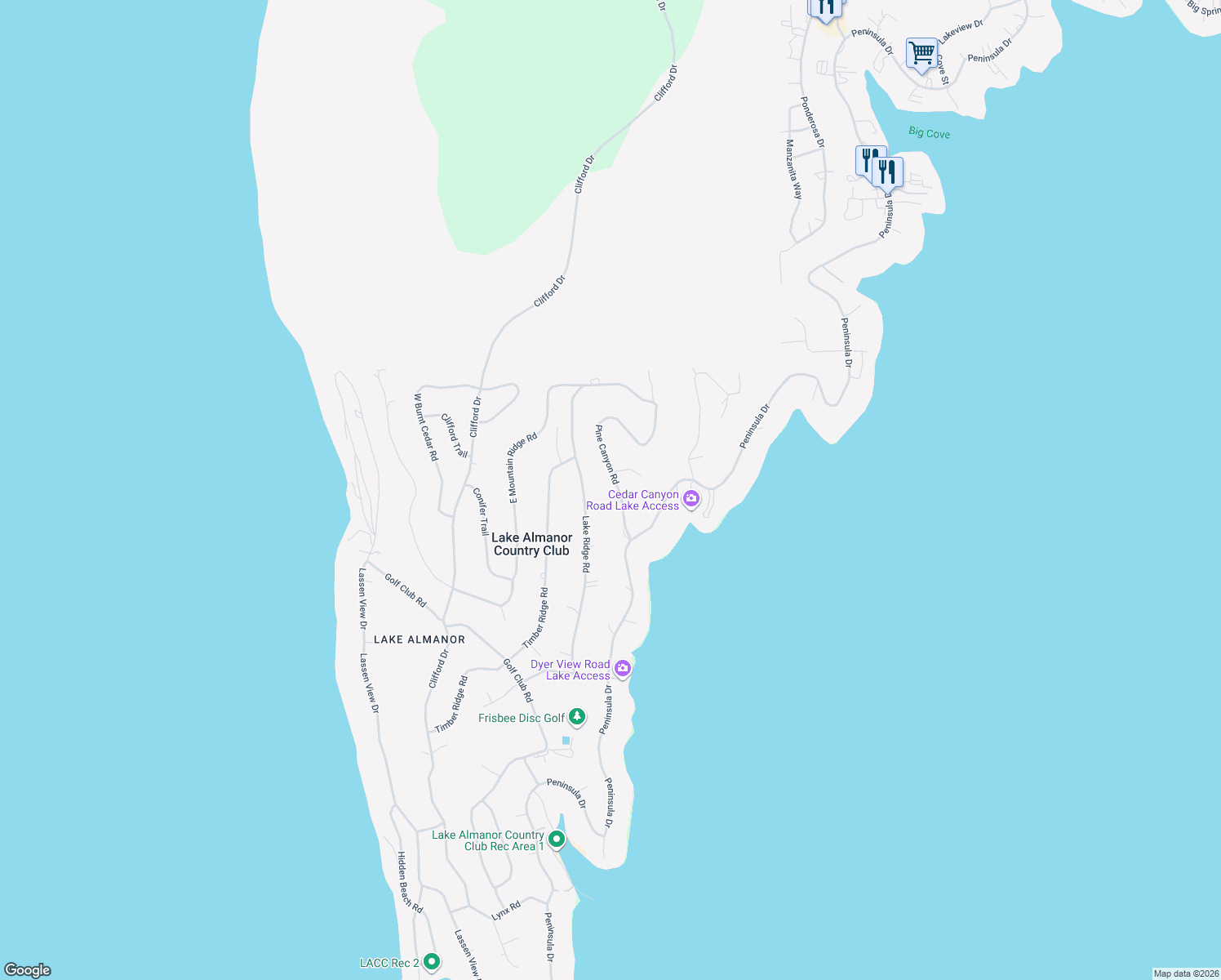 map of restaurants, bars, coffee shops, grocery stores, and more near 108 Peninsula Drive in Lake Almanor Country Club
