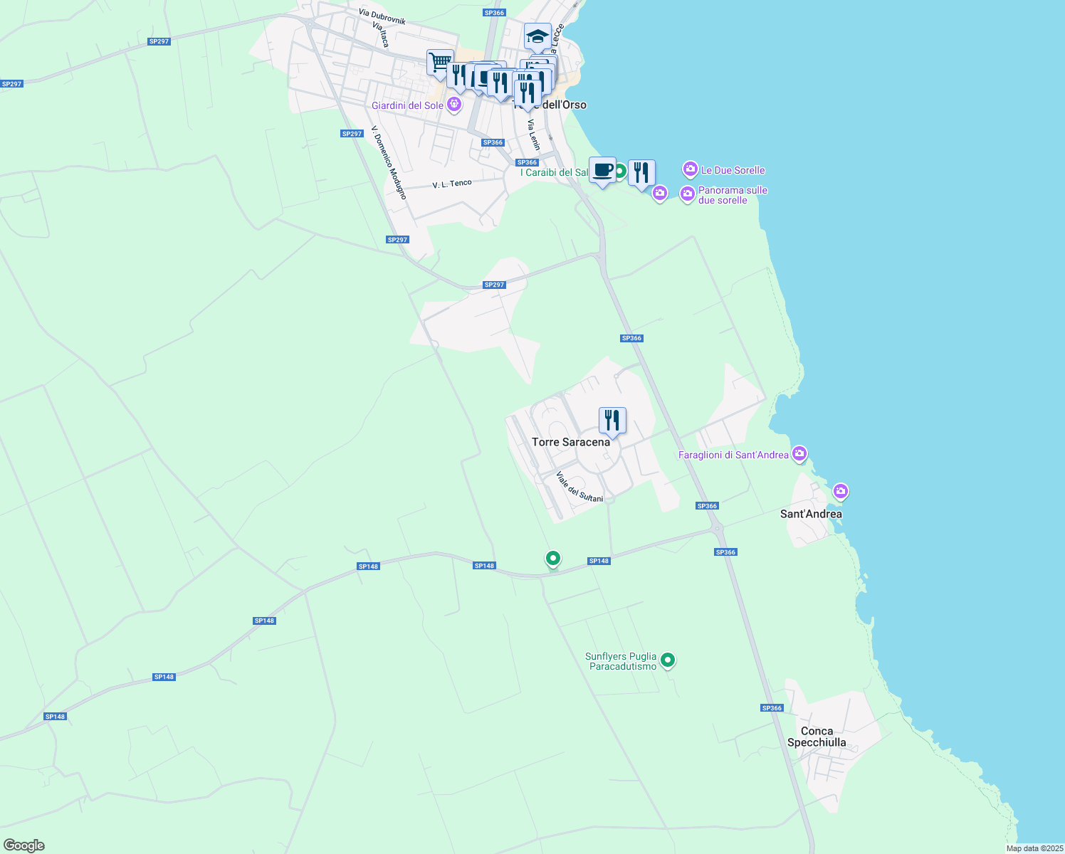 map of restaurants, bars, coffee shops, grocery stores, and more near 70 Viale del Sultani in Torre Saracena