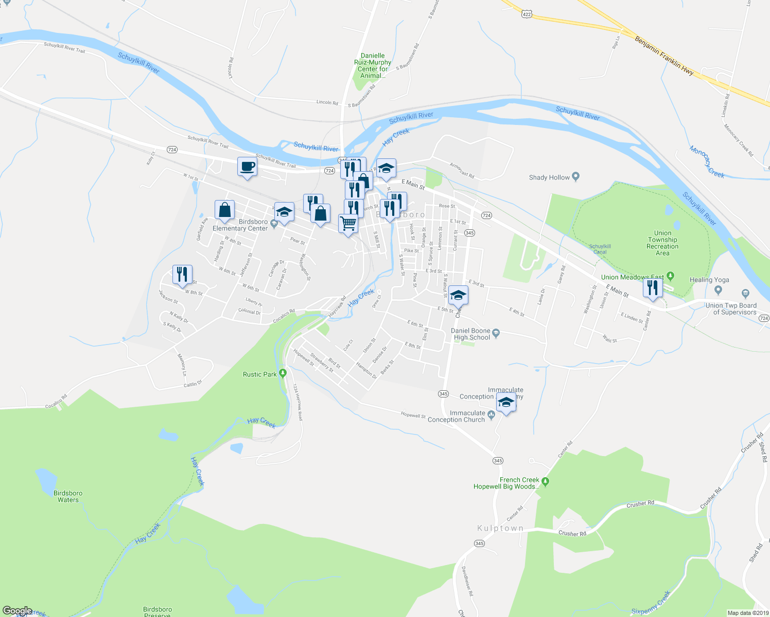 map of restaurants, bars, coffee shops, grocery stores, and more near 371 Drew Court in Birdsboro