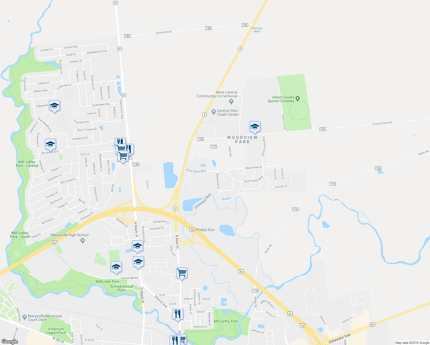 map of restaurants, bars, coffee shops, grocery stores, and more near 1497 Westbrook Drive in Marysville