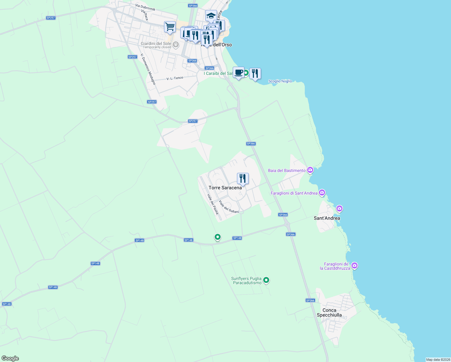 map of restaurants, bars, coffee shops, grocery stores, and more near 36 Viale delle Piramidi in Torre Saracena