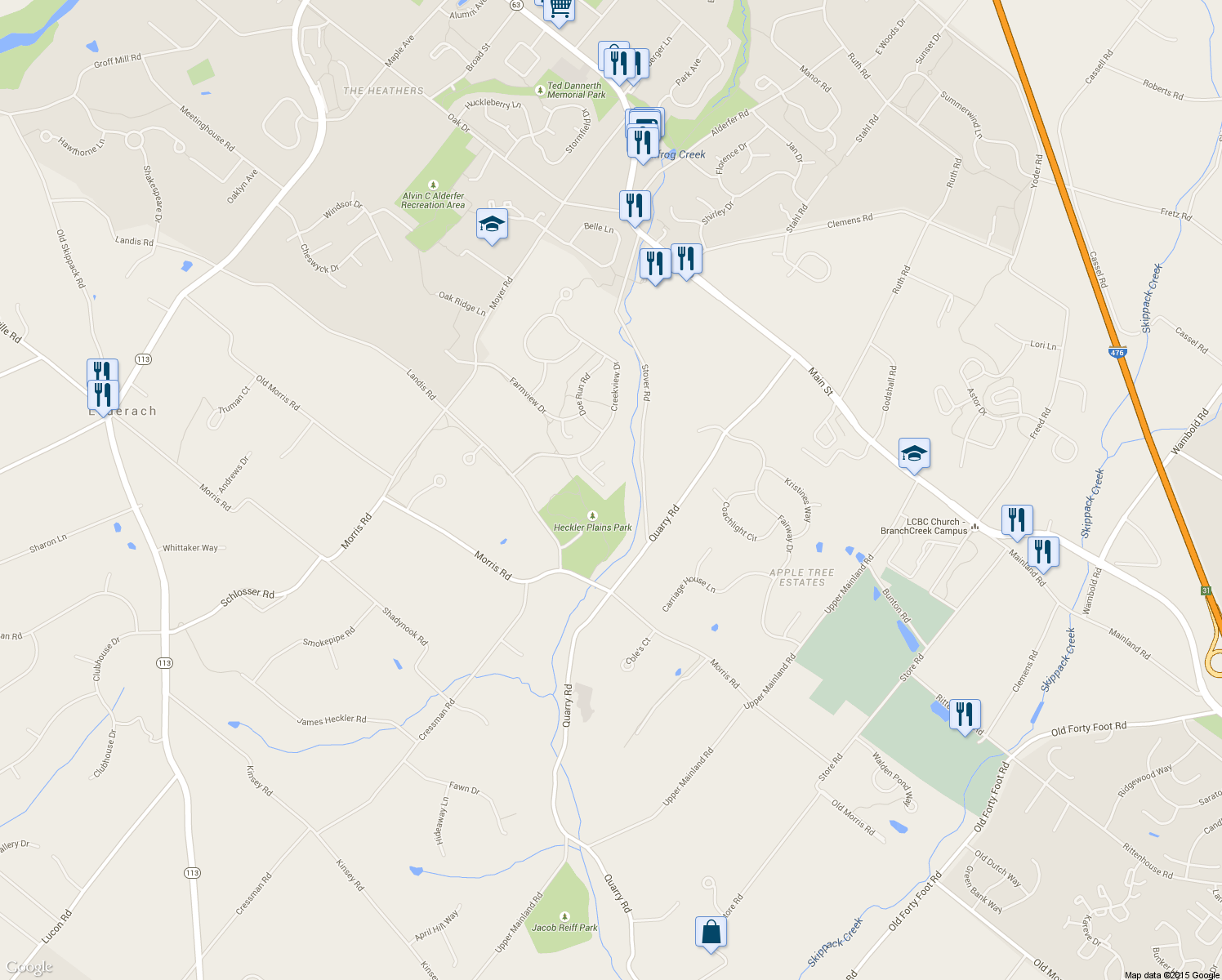 map of restaurants, bars, coffee shops, grocery stores, and more near 218 King Fisher Court in Harleysville