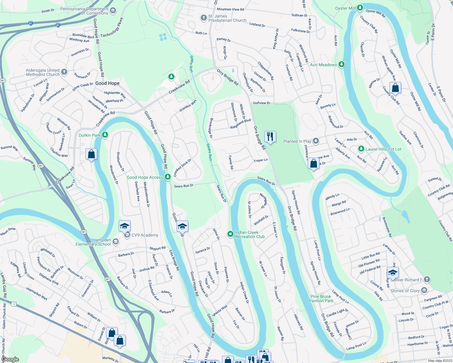 map of restaurants, bars, coffee shops, grocery stores, and more near 4450 Panza Dr in Mechanicsburg