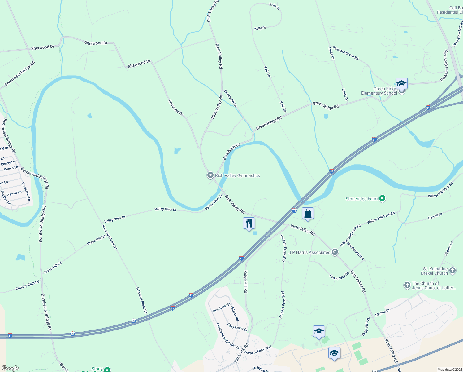 map of restaurants, bars, coffee shops, grocery stores, and more near 258 Rich Valley Rd in Mechanicsburg