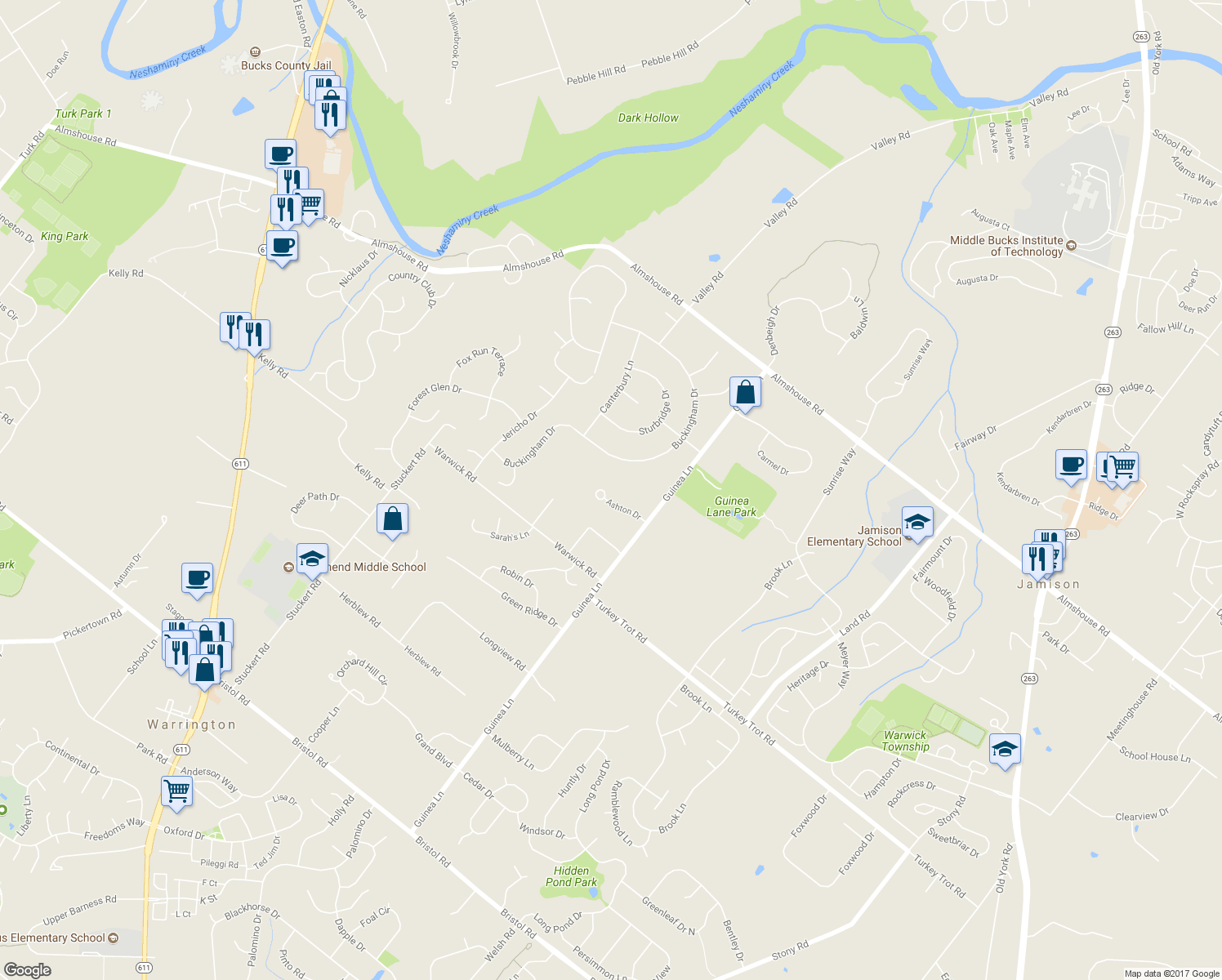 map of restaurants, bars, coffee shops, grocery stores, and more near 2111 Ashton Drive in Jamison