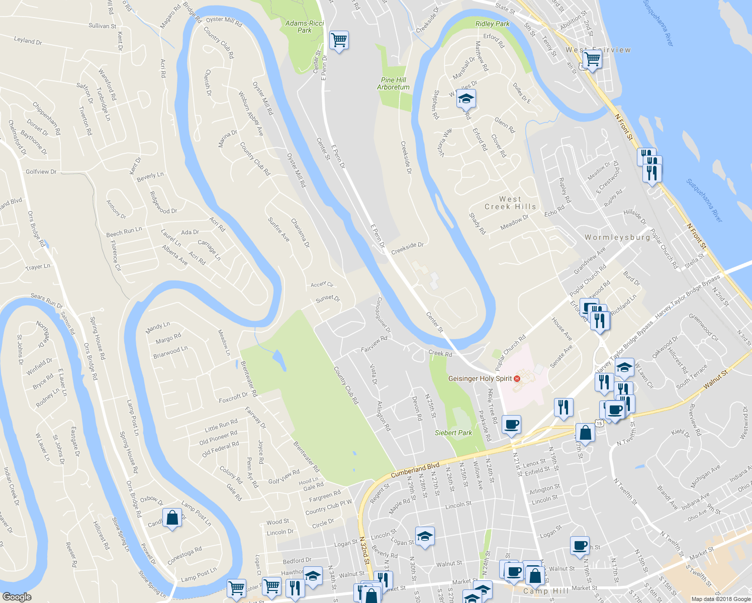 map of restaurants, bars, coffee shops, grocery stores, and more near 820 Conodoguinet Drive in Camp Hill