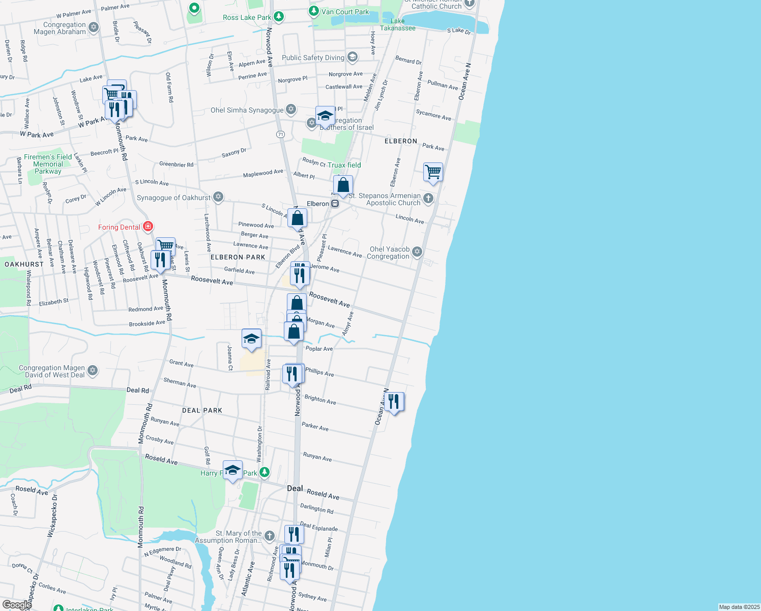 map of restaurants, bars, coffee shops, grocery stores, and more near 55 Roosevelt Avenue in Deal