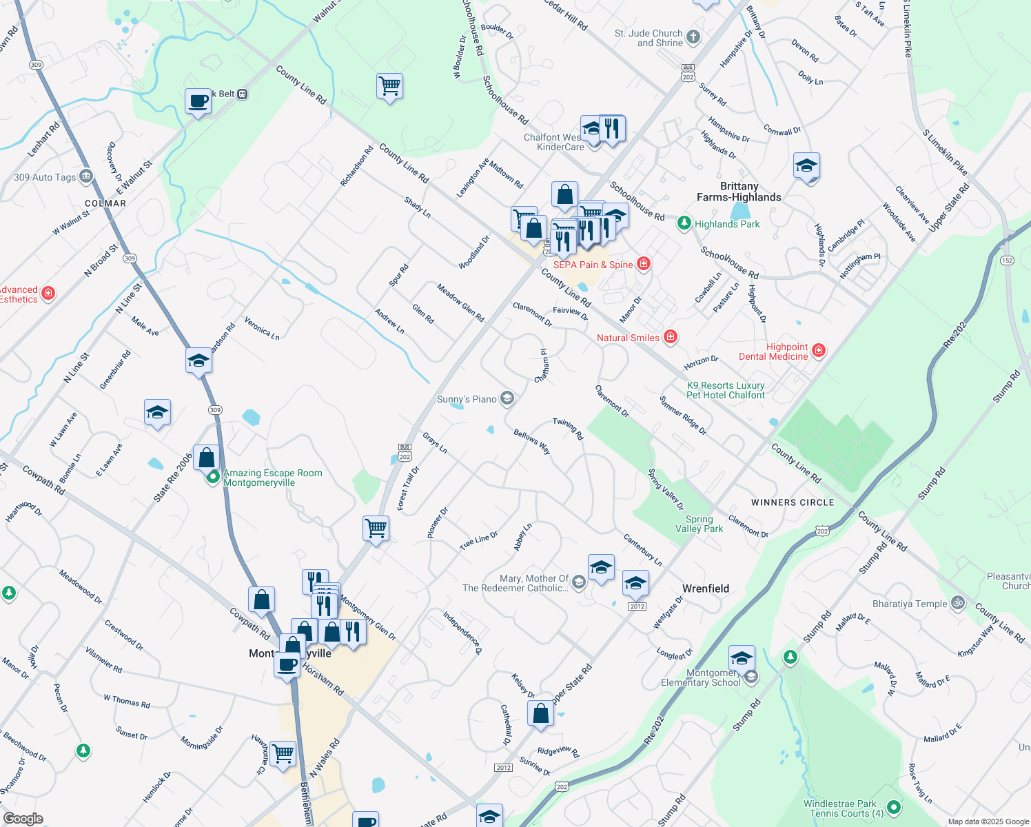 map of restaurants, bars, coffee shops, grocery stores, and more near 117 Bellows Way in Lansdale