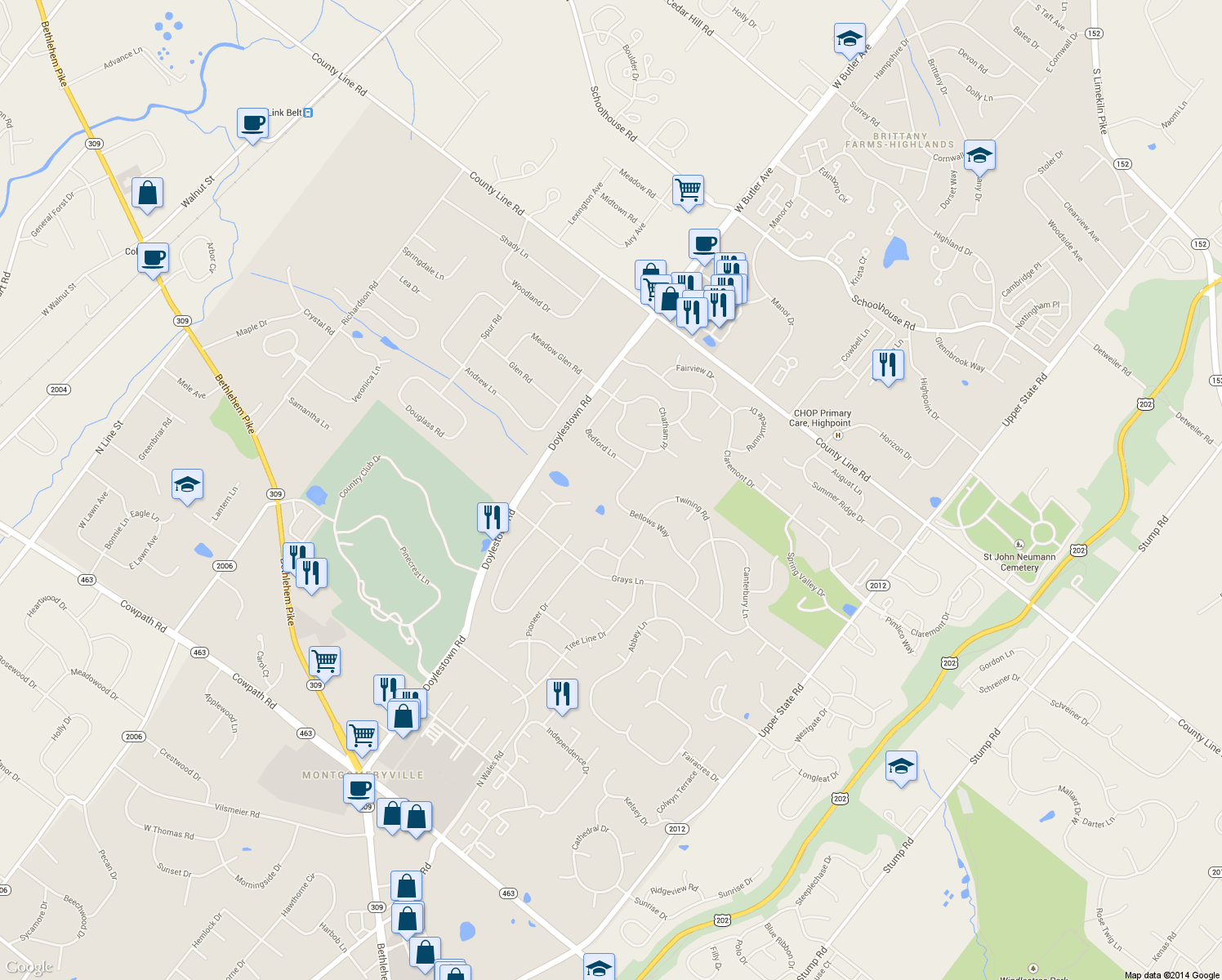 map of restaurants, bars, coffee shops, grocery stores, and more near 120 Bellows Way in Lansdale