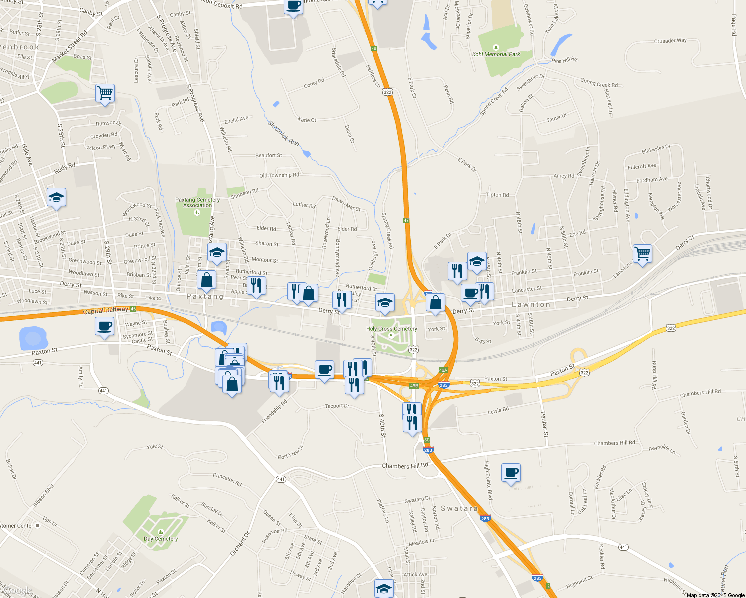 map of restaurants, bars, coffee shops, grocery stores, and more near 3922 Brisban Street in Harrisburg