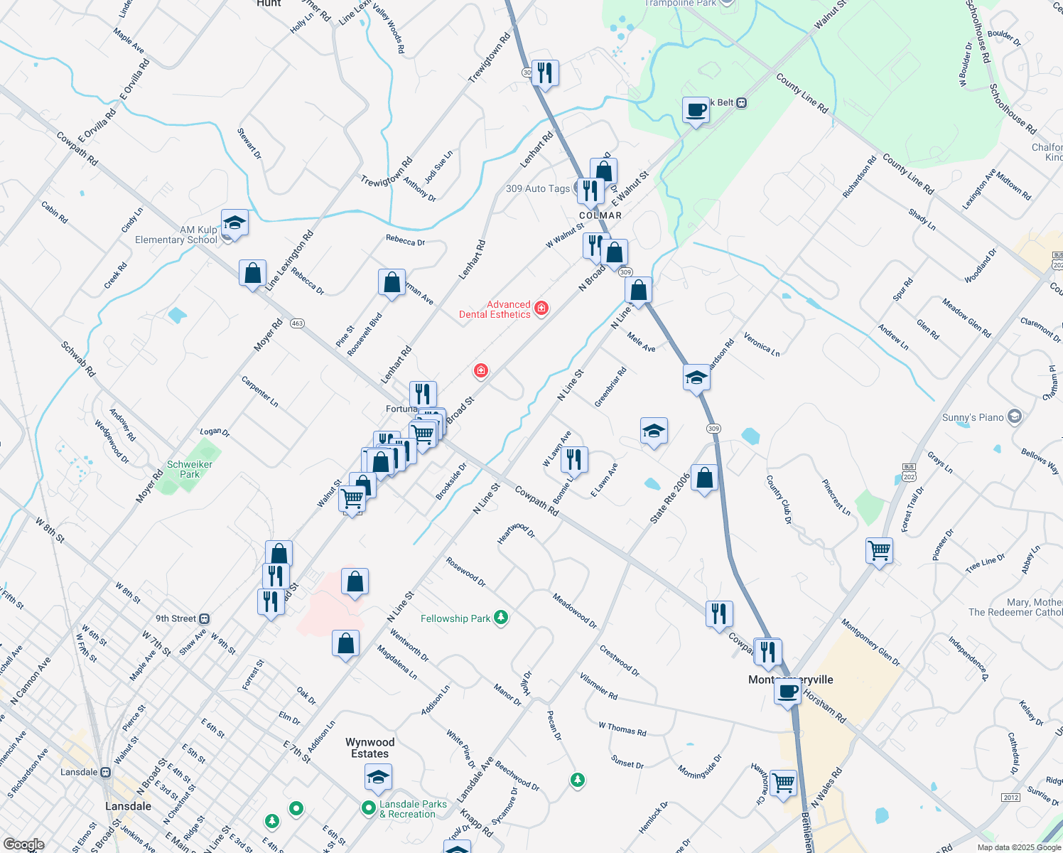 map of restaurants, bars, coffee shops, grocery stores, and more near 2104 North Line Street in Lansdale