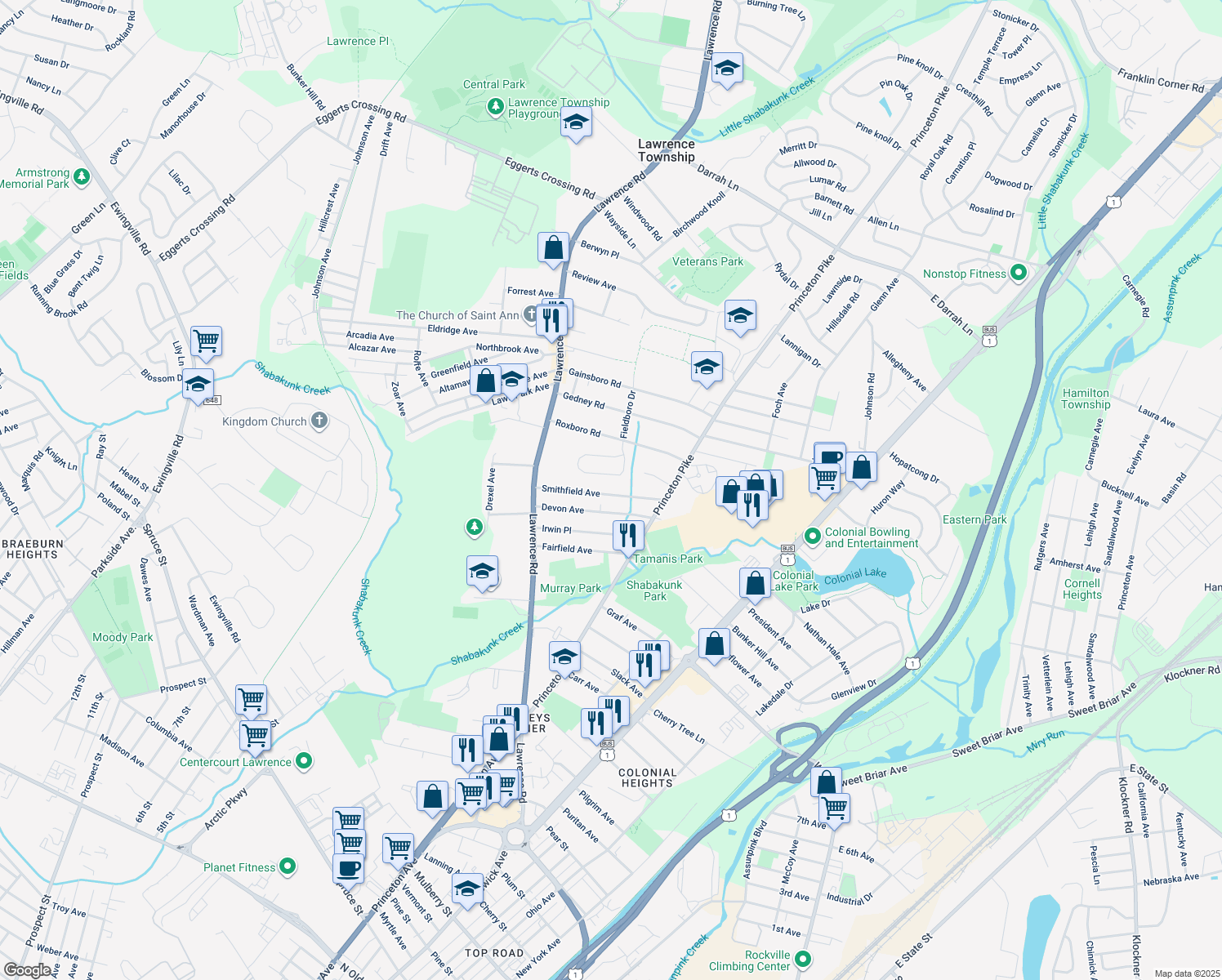 map of restaurants, bars, coffee shops, grocery stores, and more near 60 Smithfield Avenue in Lawrence Township