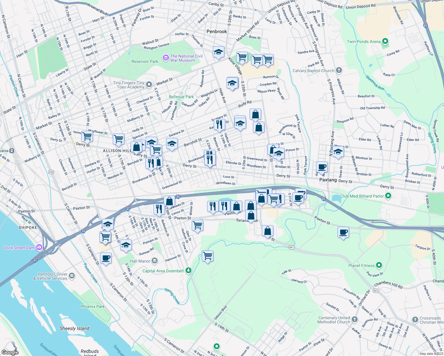 map of restaurants, bars, coffee shops, grocery stores, and more near 2305 Luce Street in Harrisburg