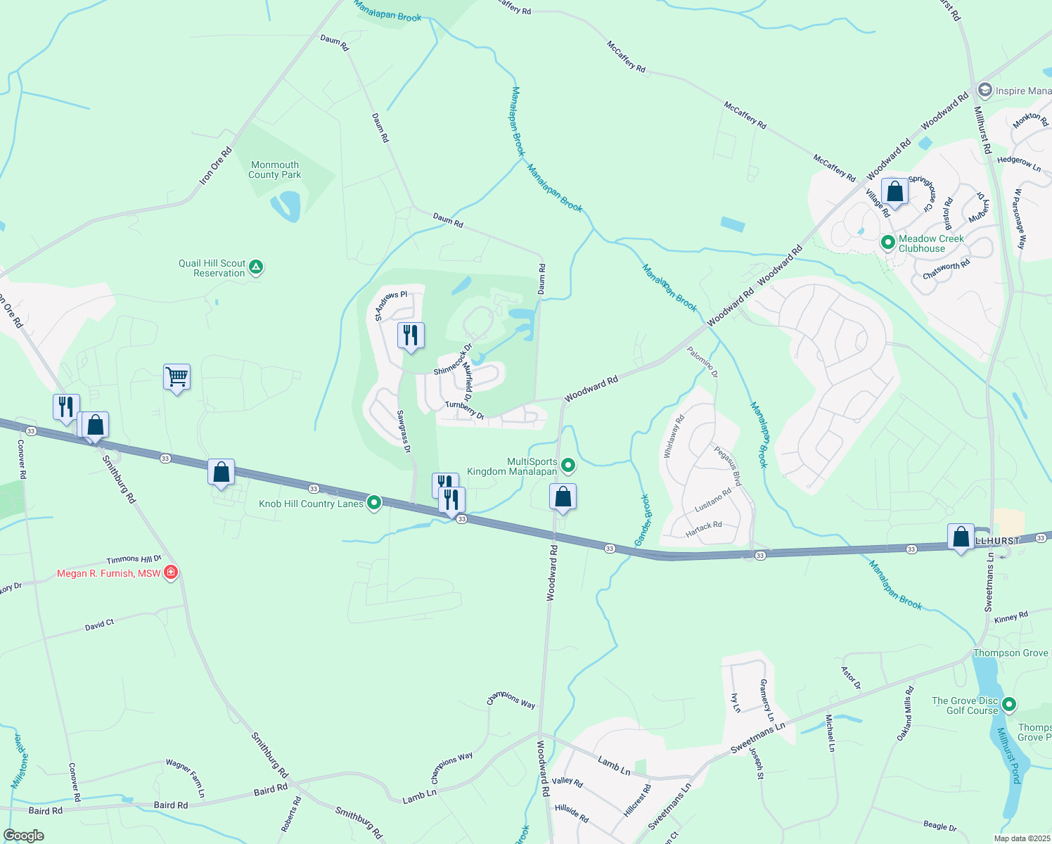 map of restaurants, bars, coffee shops, grocery stores, and more near 25 Sunningdale Circle in Manalapan Township