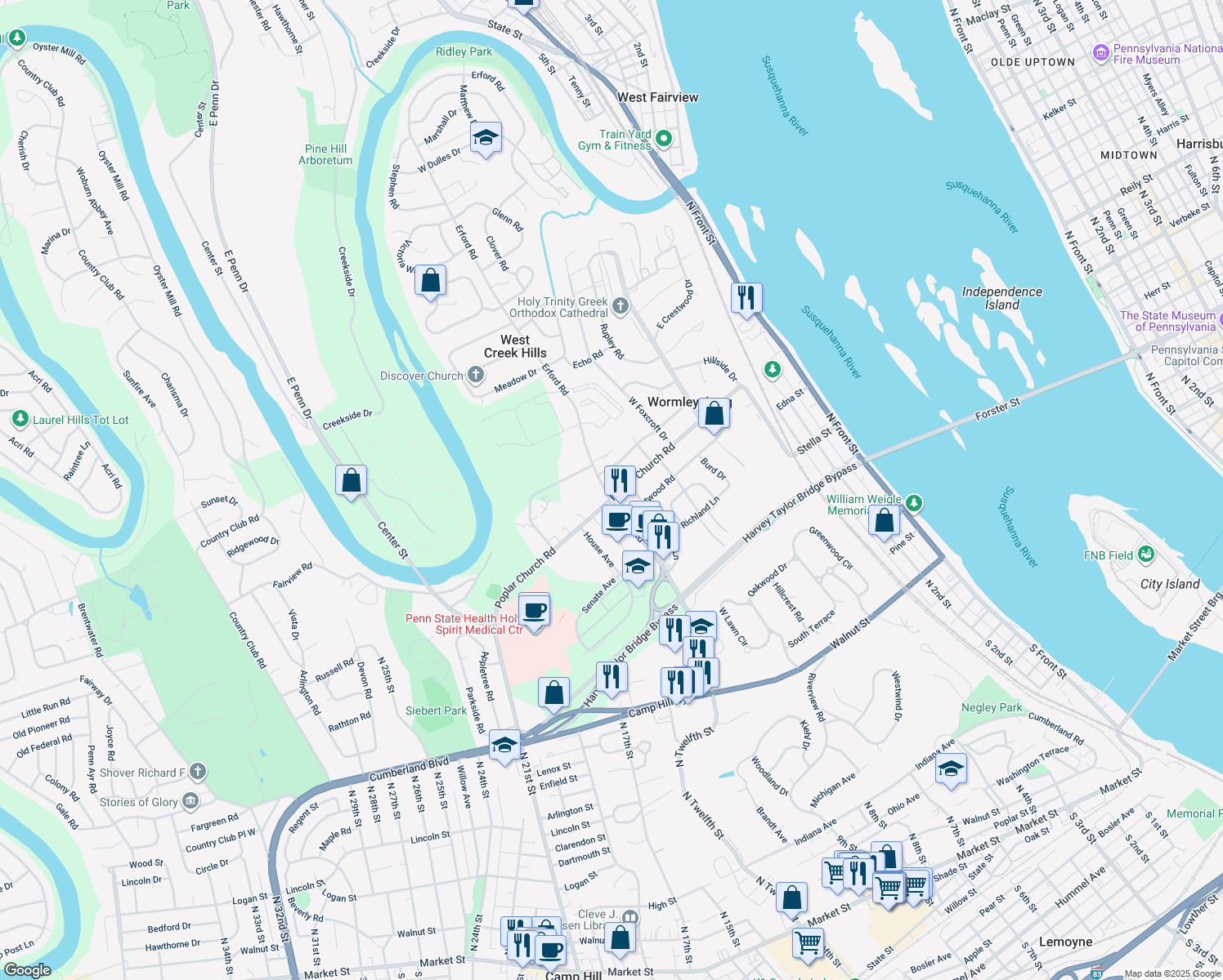 map of restaurants, bars, coffee shops, grocery stores, and more near 651 Poplar Church Road in Camp Hill