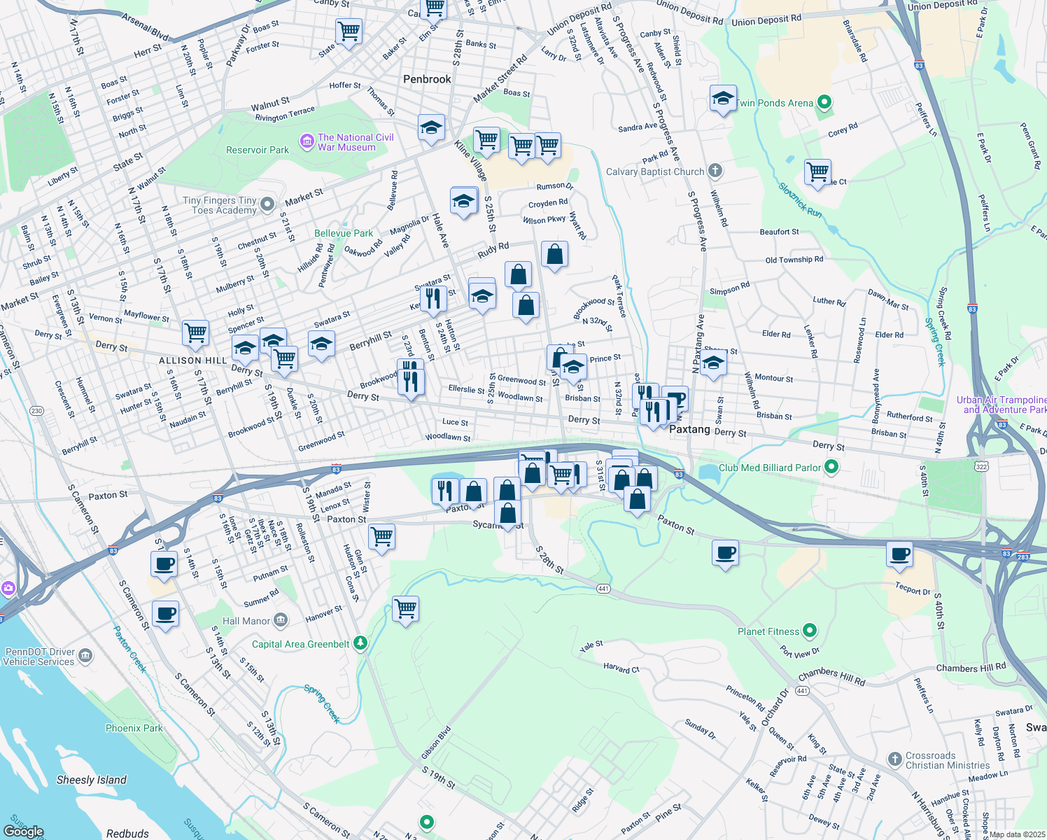 map of restaurants, bars, coffee shops, grocery stores, and more near 2611 Derry Street in Harrisburg