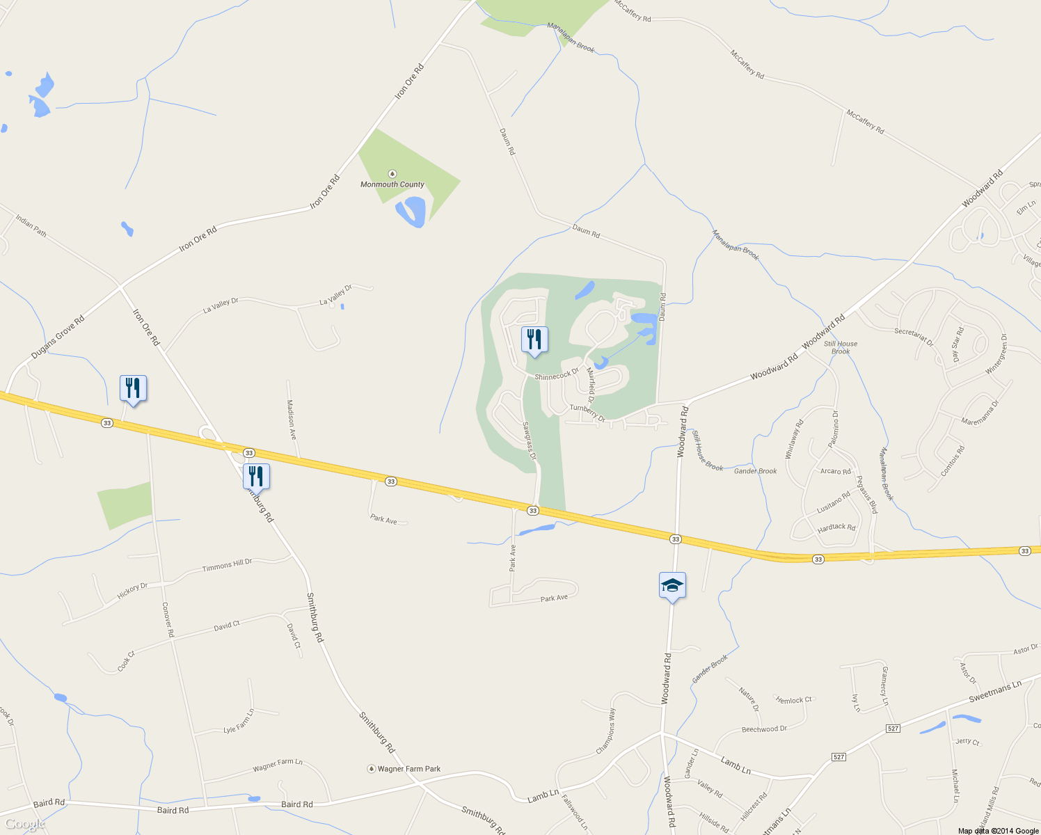 map of restaurants, bars, coffee shops, grocery stores, and more near 8 Inverness Drive in Manalapan Township