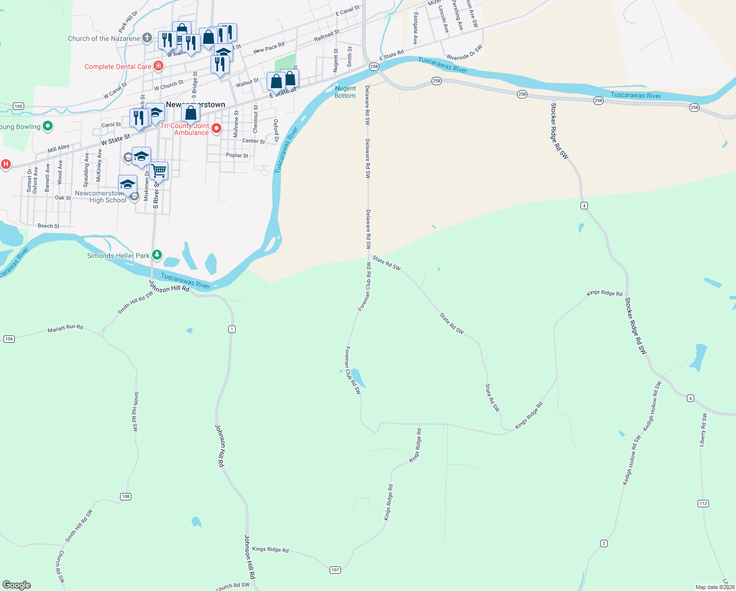 map of restaurants, bars, coffee shops, grocery stores, and more near 15230 Township Highway 12 in Newcomerstown
