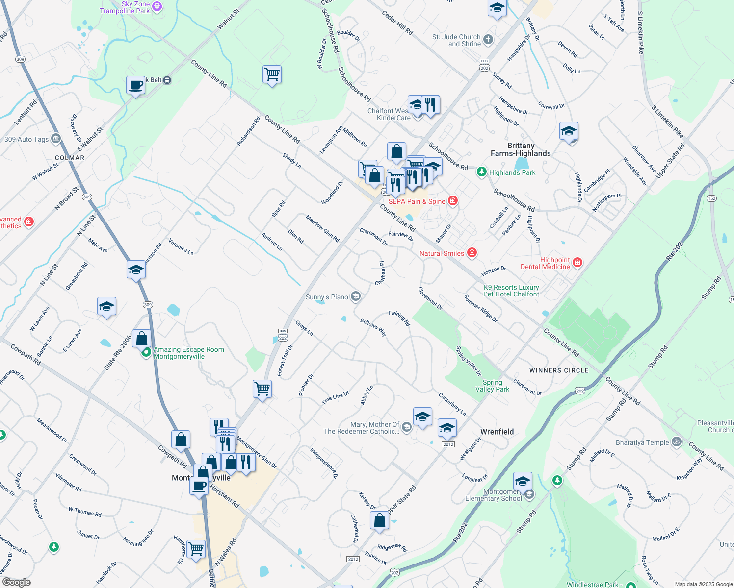 map of restaurants, bars, coffee shops, grocery stores, and more near 107 Bellows Way in Lansdale