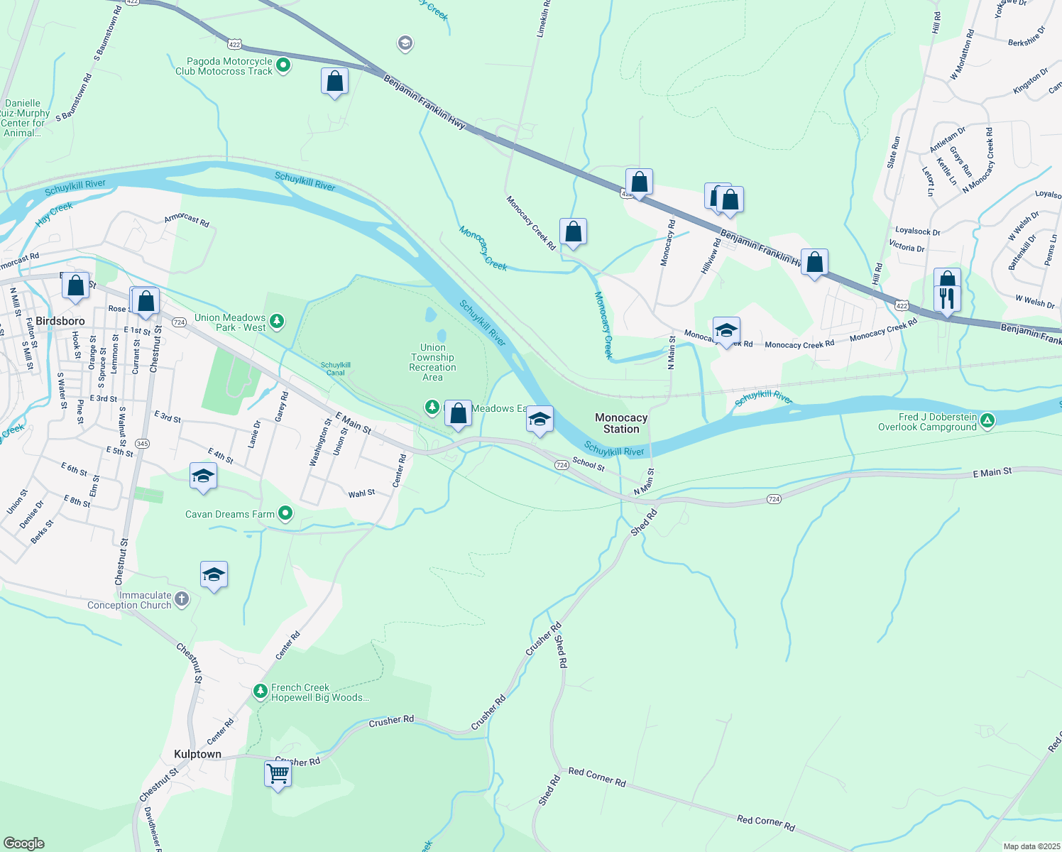map of restaurants, bars, coffee shops, grocery stores, and more near 1429 E Main St in Douglassville