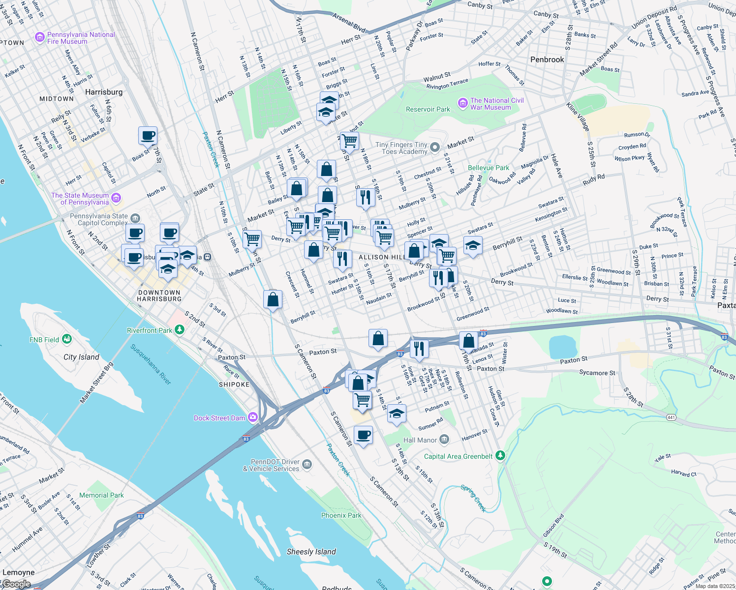 map of restaurants, bars, coffee shops, grocery stores, and more near 1519 Berryhill Street in Harrisburg
