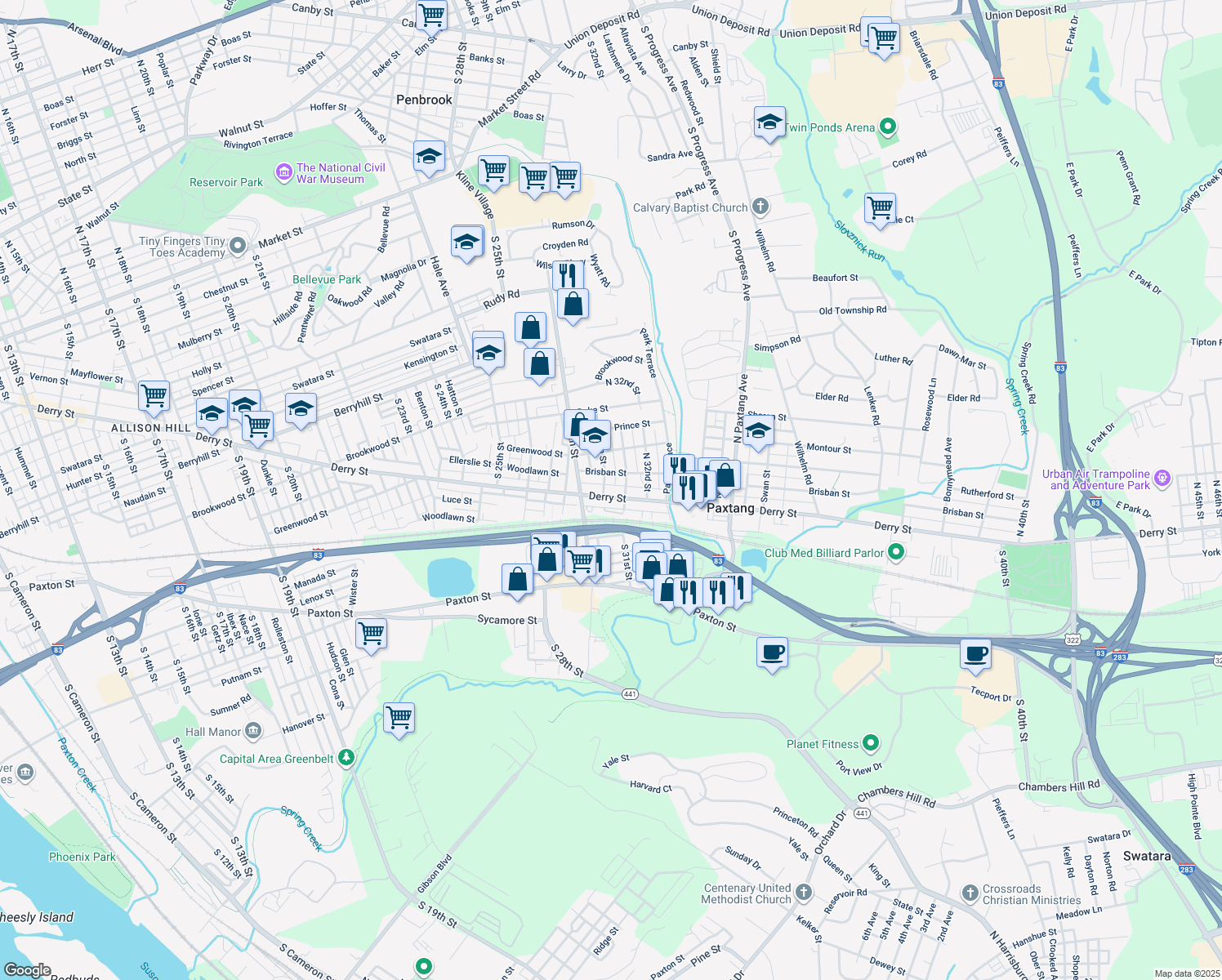 map of restaurants, bars, coffee shops, grocery stores, and more near 3006 Derry Street in Harrisburg