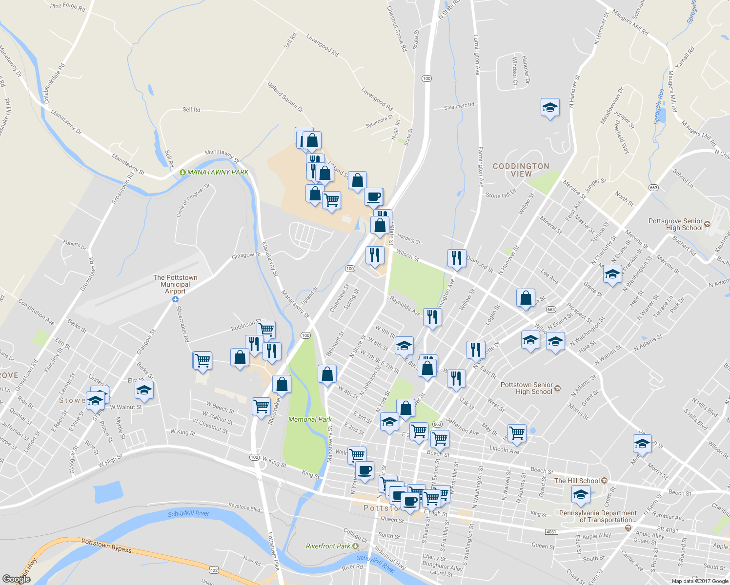 map of restaurants, bars, coffee shops, grocery stores, and more near 571 Belmont Street in Pottstown