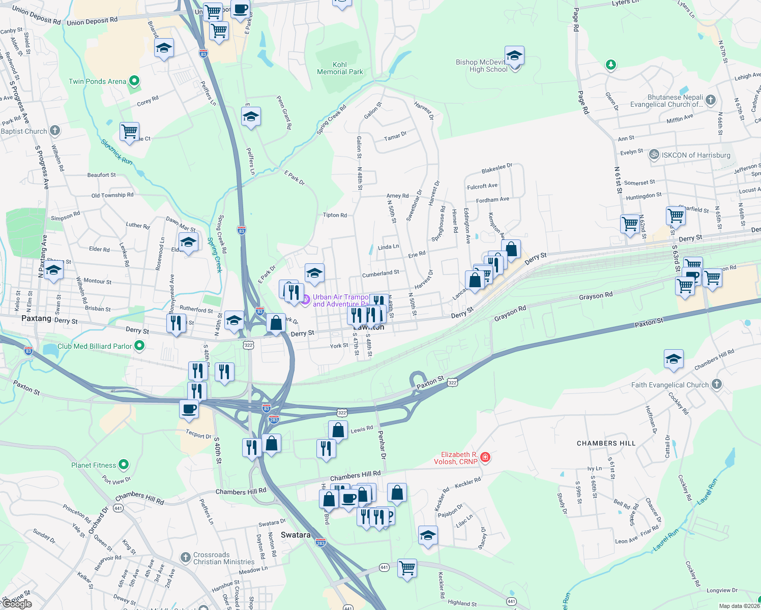 map of restaurants, bars, coffee shops, grocery stores, and more near 4812 Lancaster Street in Harrisburg