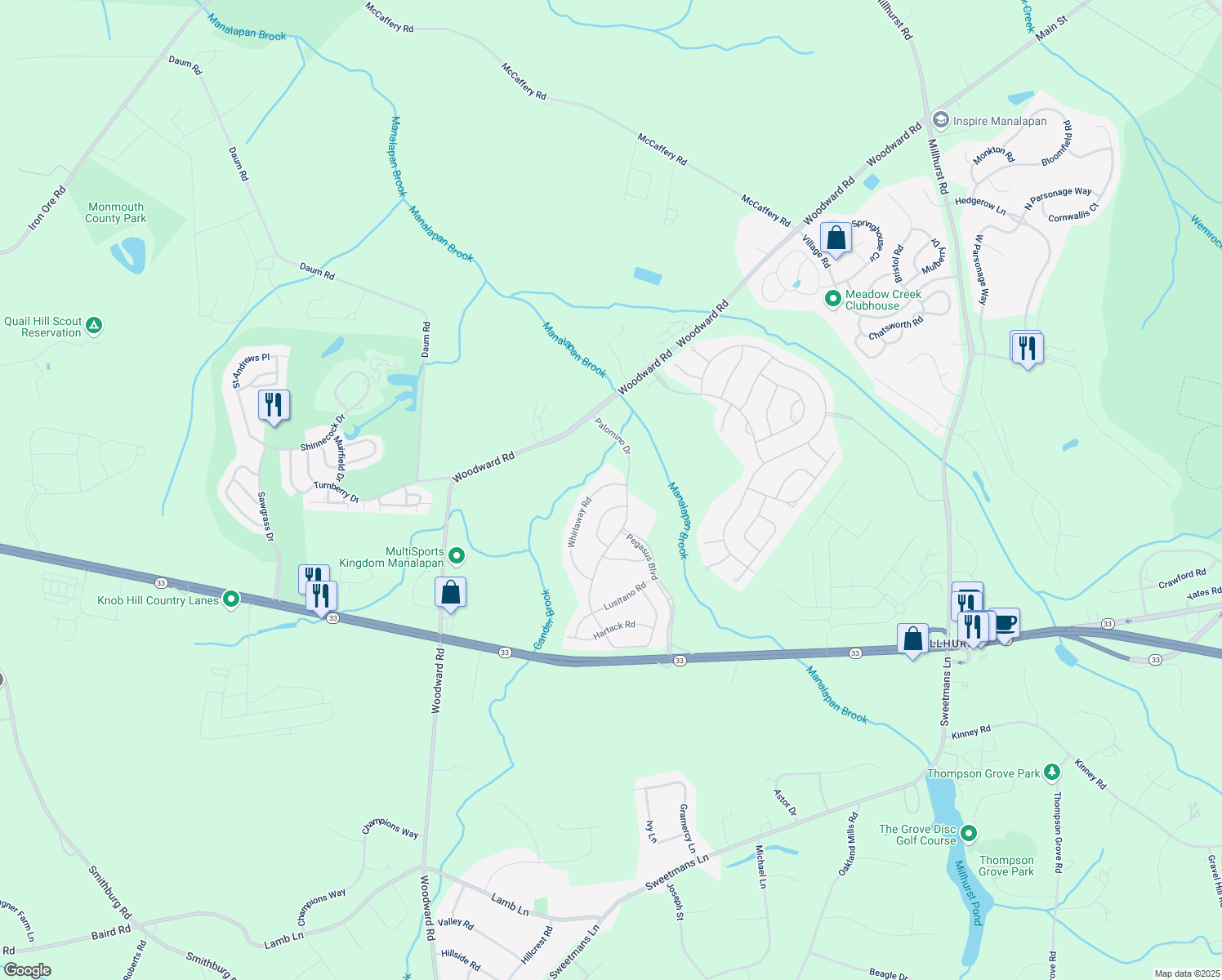 map of restaurants, bars, coffee shops, grocery stores, and more near 56 Whirlaway Road in Manalapan Township