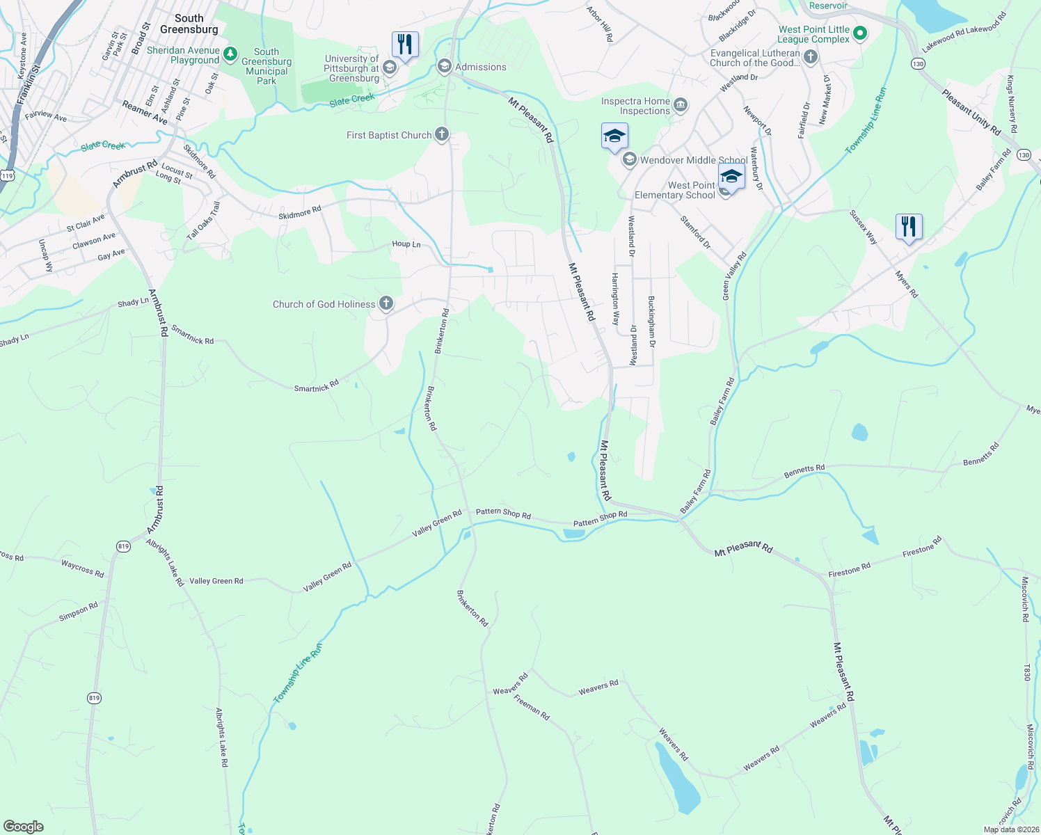 map of restaurants, bars, coffee shops, grocery stores, and more near 3050 Ravenwood Drive in Greensburg