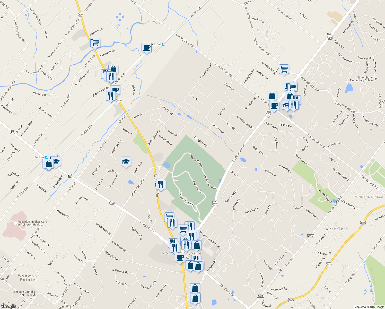 map of restaurants, bars, coffee shops, grocery stores, and more near 132 Country Club Drive in Lansdale