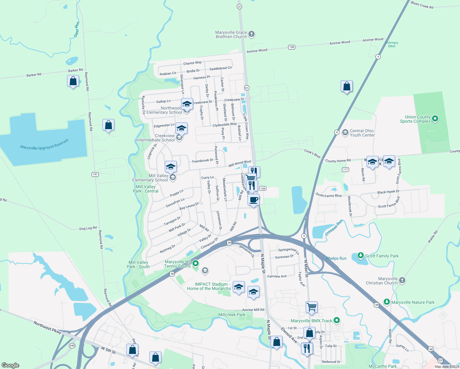 map of restaurants, bars, coffee shops, grocery stores, and more near 418 Bent Tree Dr in Marysville