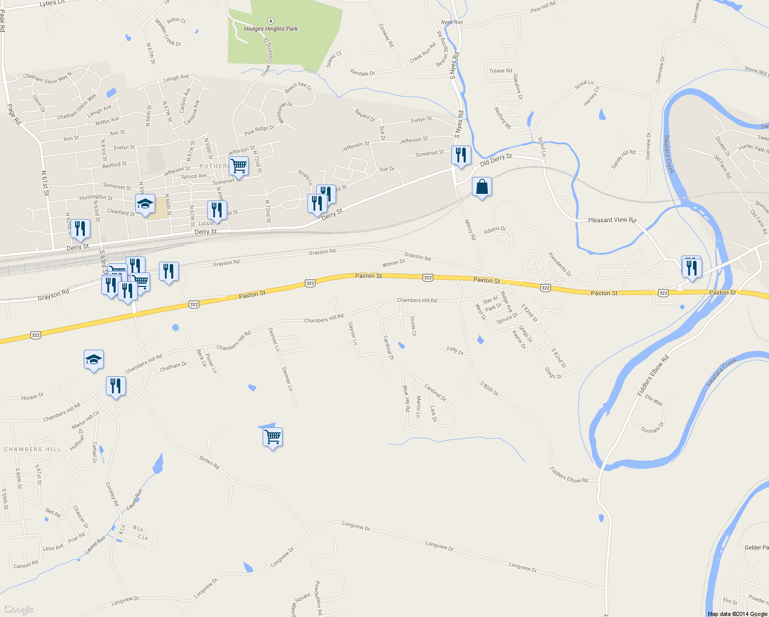 map of restaurants, bars, coffee shops, grocery stores, and more near 7765 Chambers Hill Road in Harrisburg