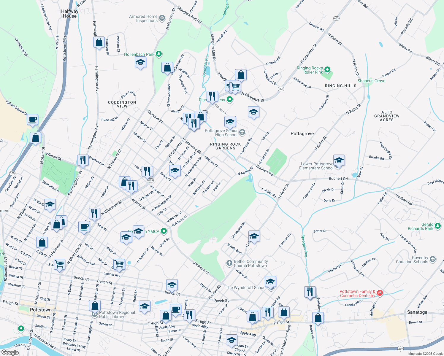 map of restaurants, bars, coffee shops, grocery stores, and more near 1077 Park Drive in Pottstown