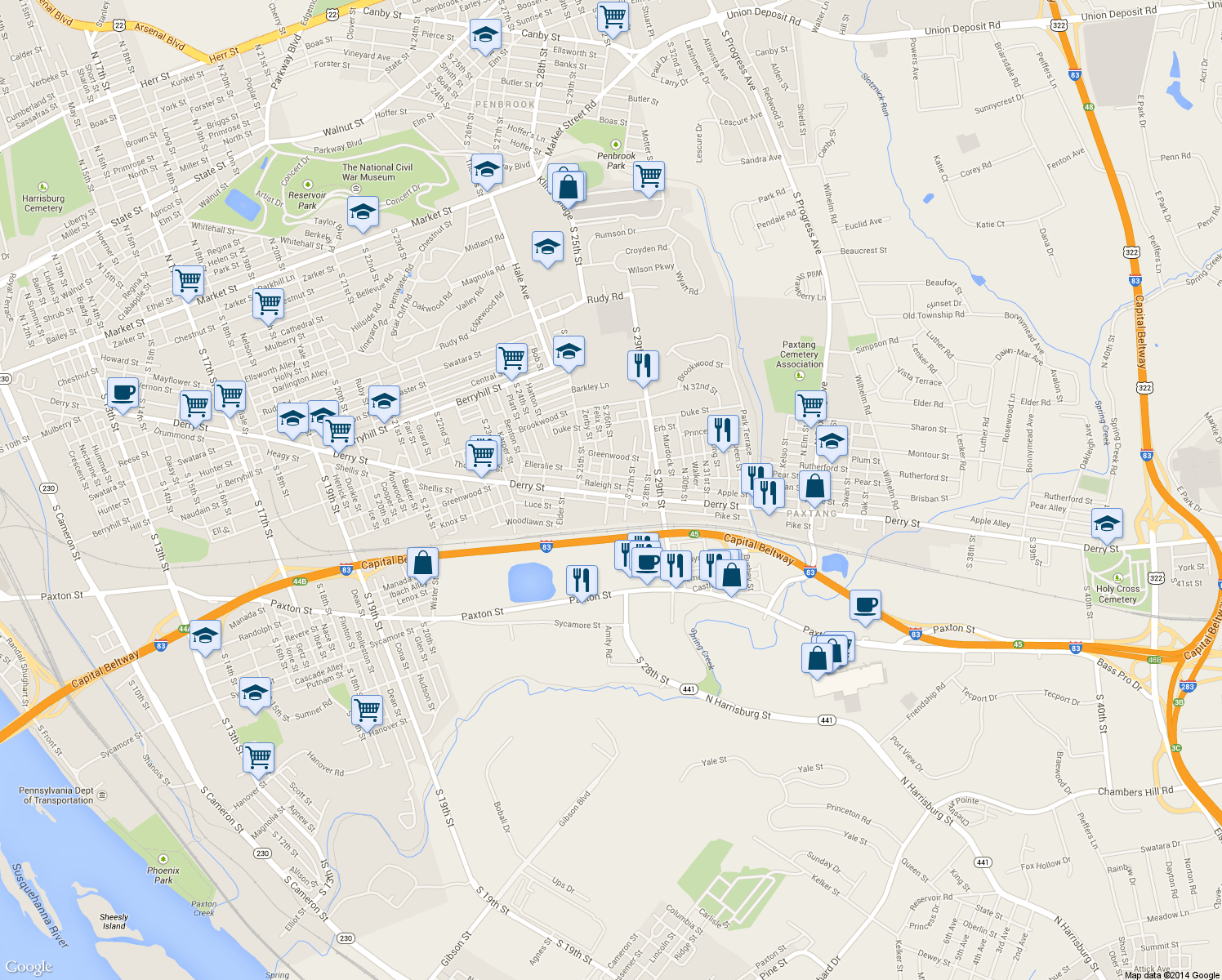 map of restaurants, bars, coffee shops, grocery stores, and more near 2600 Derry Street in Harrisburg