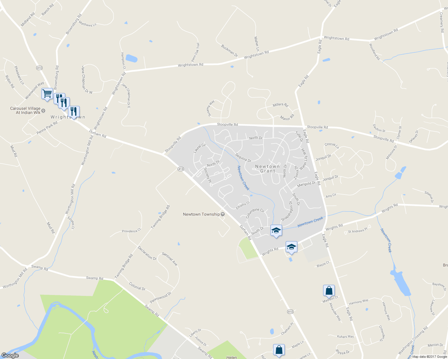 map of restaurants, bars, coffee shops, grocery stores, and more near 2601-2837 Society Place in Newtown
