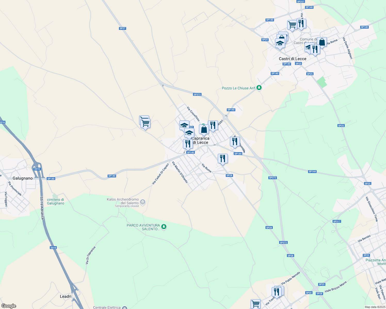 map of restaurants, bars, coffee shops, grocery stores, and more near 25 Via Roma in Caprarica di Lecce