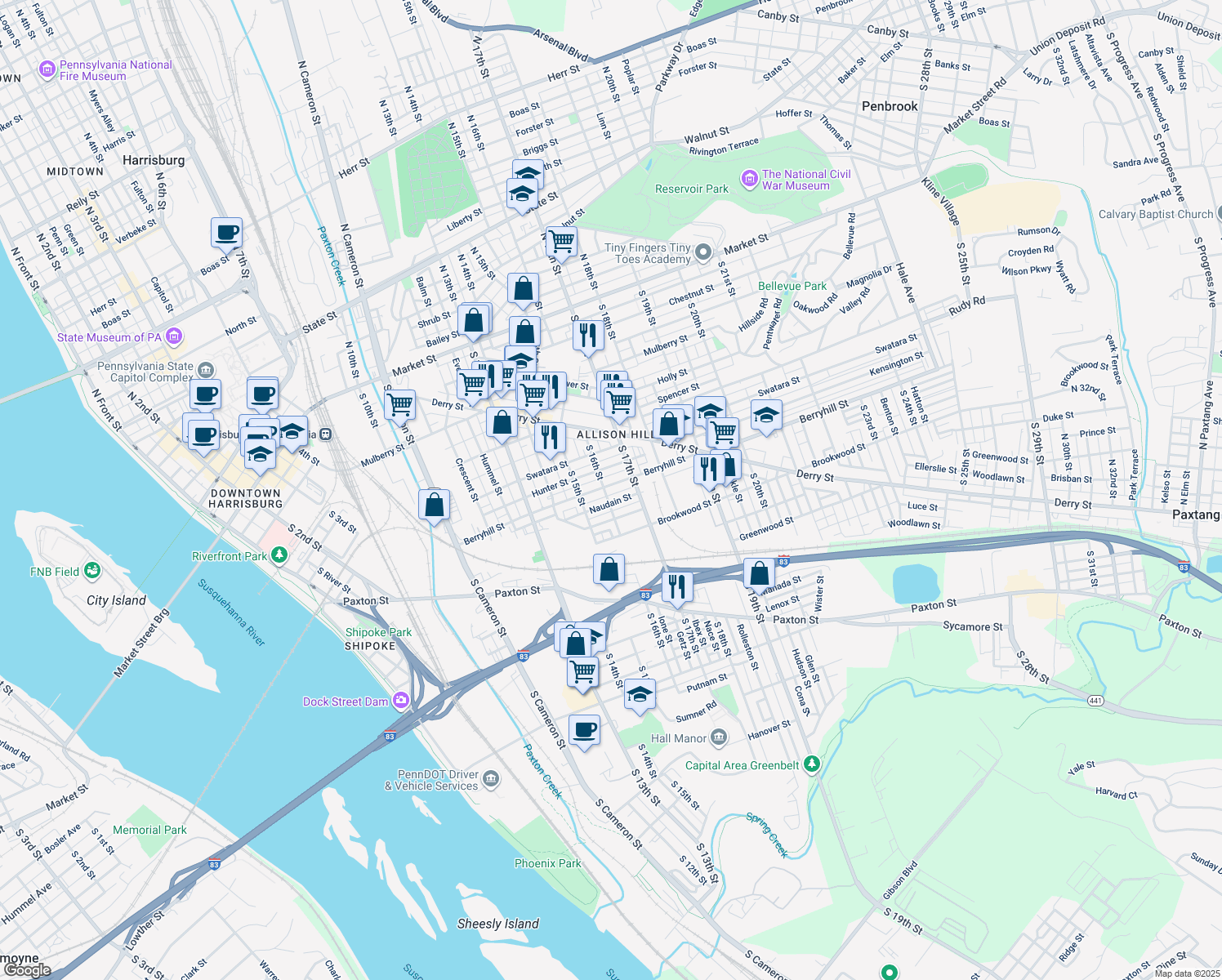 map of restaurants, bars, coffee shops, grocery stores, and more near 1607 Berryhill Street in Harrisburg