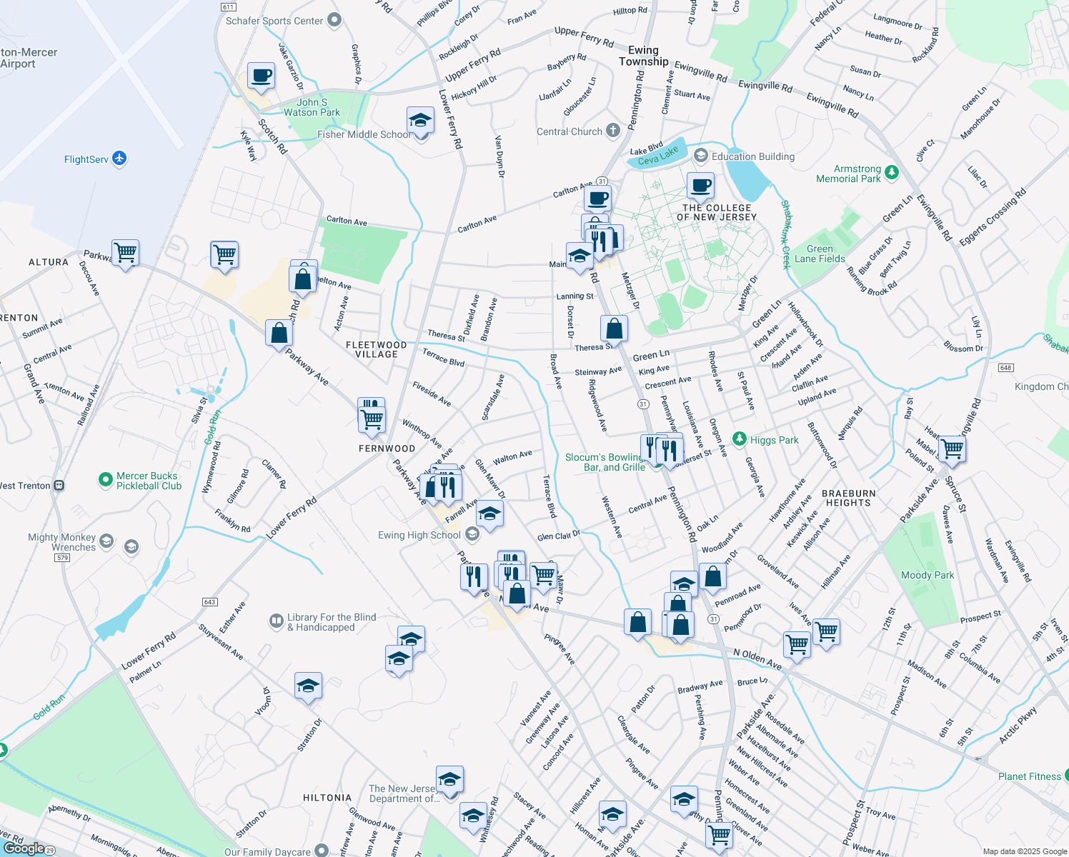 map of restaurants, bars, coffee shops, grocery stores, and more near 991 Terrace Boulevard in Ewing Township