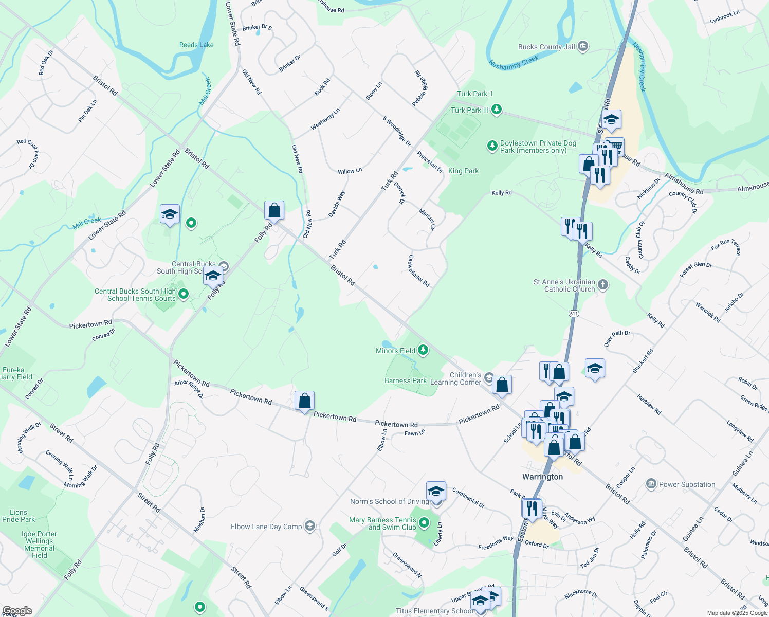 map of restaurants, bars, coffee shops, grocery stores, and more near 2843 Bristol Road in Warrington