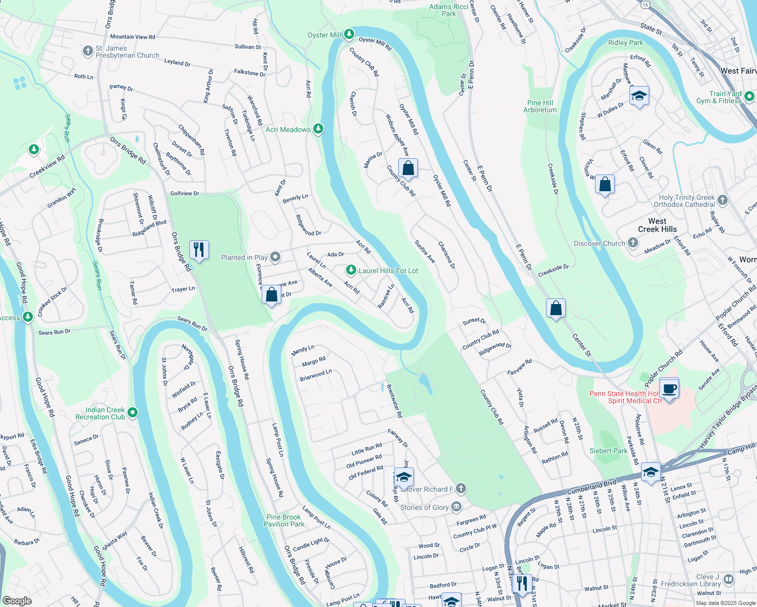 map of restaurants, bars, coffee shops, grocery stores, and more near 3510 Raintree Lane in Mechanicsburg